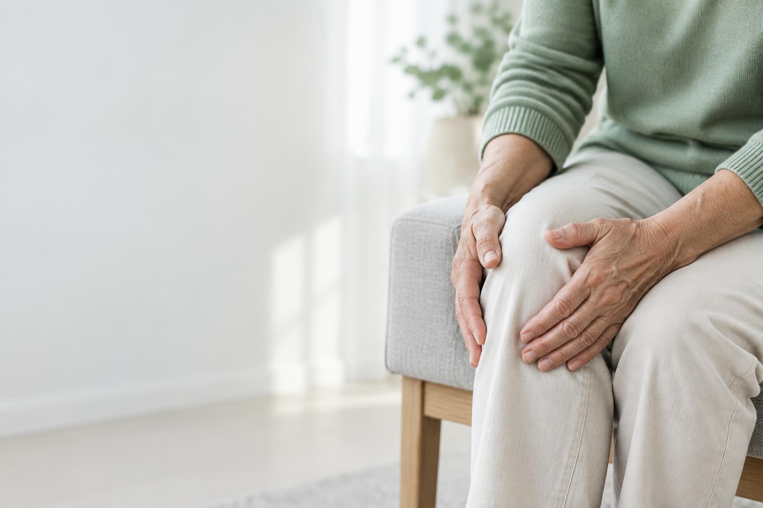 An older adult resting their hands on a knee