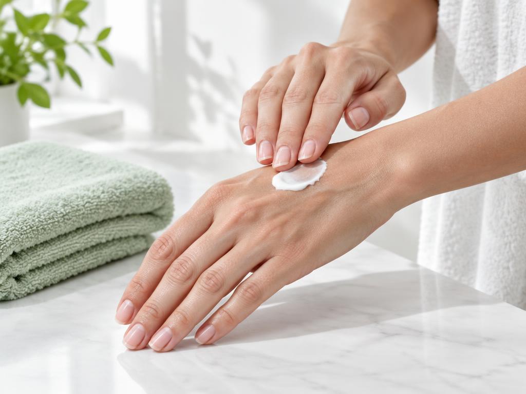 Illustrative close-up of topical cream being applied to the back of a hand
